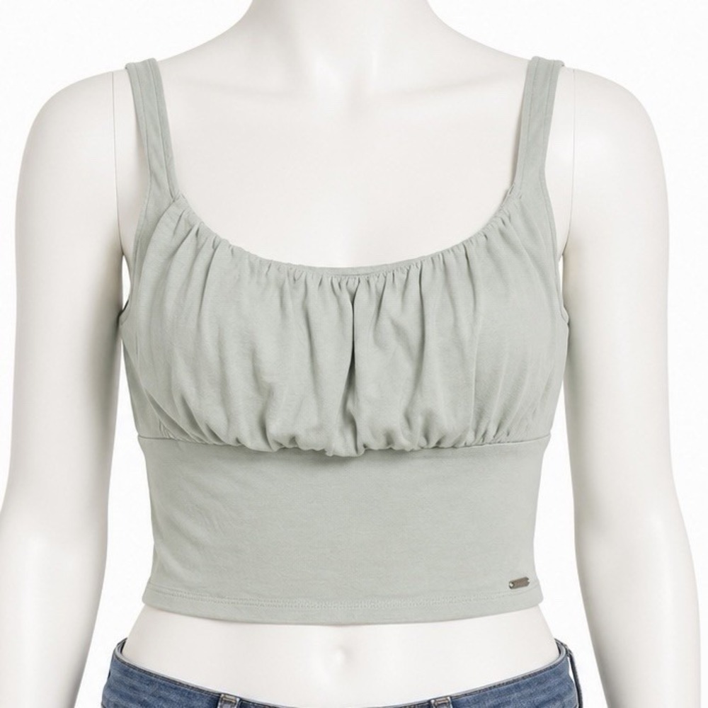 Hollister Sage Green Crop Tank Top Women's M Ruched Bust Sleeveless Y2K Stretch